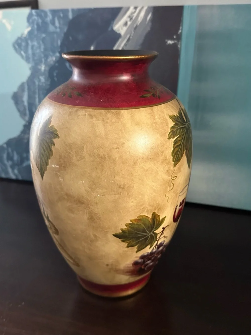 Hand-Painted Red and Cream Grape Motif Decorative Vase
